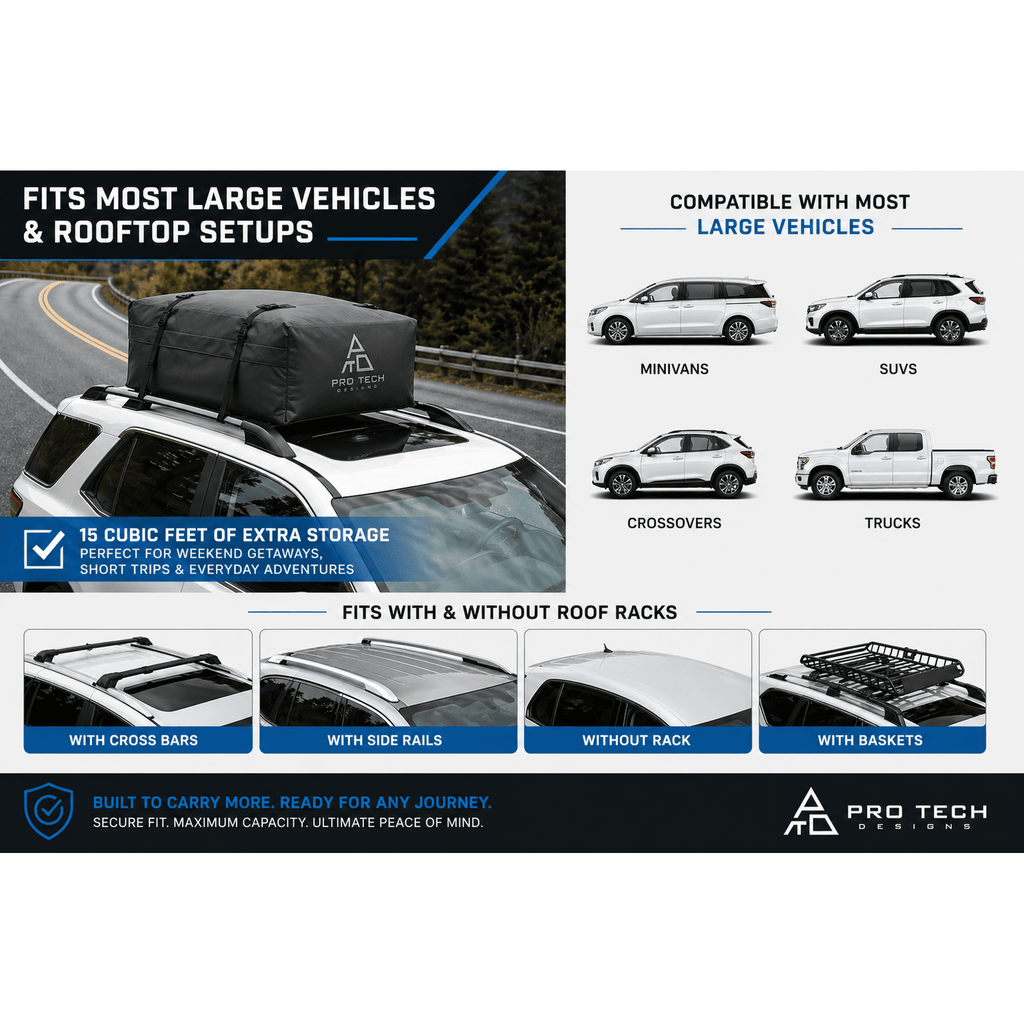 Journeyer - 15 Cubic Feet Weatherproof Rooftop Cargo Carrier for Top of Vehicle, Attaches With or Without Roof Rack