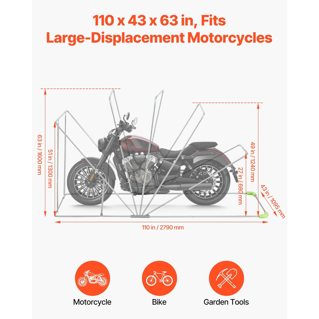 KFFKFF Motorcycle Storage Shelter with Security Lock, 600D Oxford Flip-Up Garage Tent, Durable All-Weather Cover with Ventilation Windows, 110 x 43 x