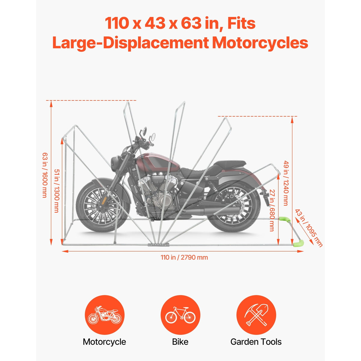 KFFKFF Motorcycle Storage Shelter with Security Lock, 600D Oxford Flip-Up Garage Tent, Durable All-Weather Cover with Ventilation Windows, 110 x 43 x