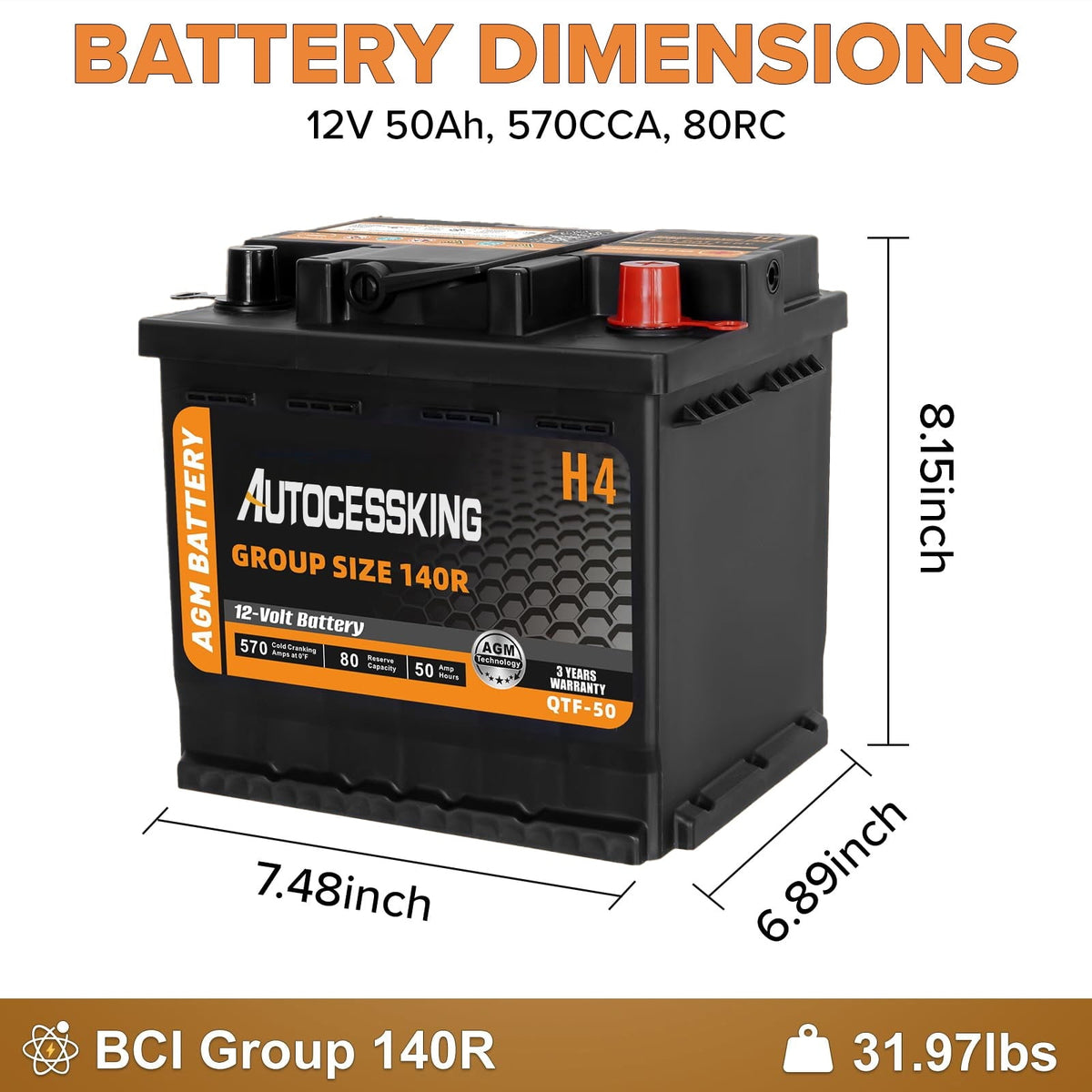 Autocessking Platinum AGM Battery, Group 140R Rechargeable Automotive Batteries for Car, H4 12 Volt 570 CCA 50Ah 80RC