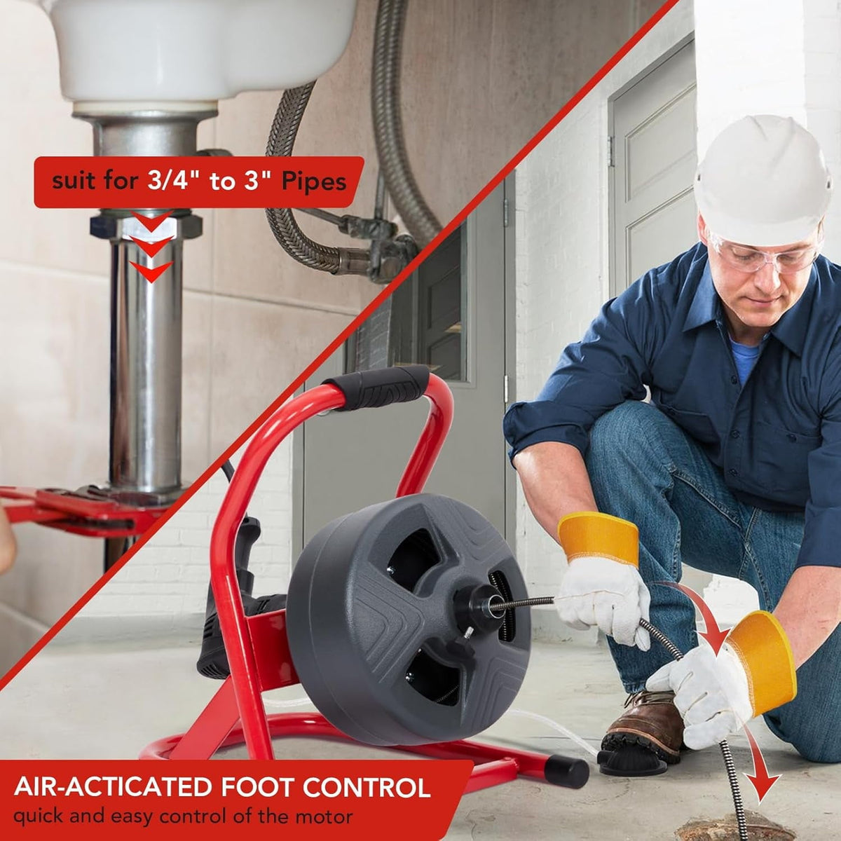 50Ft x 5/16 Inch Drain Cleaner Machine, Professional Electric Drain Auger for 3/4-3 Inch Pipes, Foot Switch with 6 Cutters, Gloves, Drain Auger