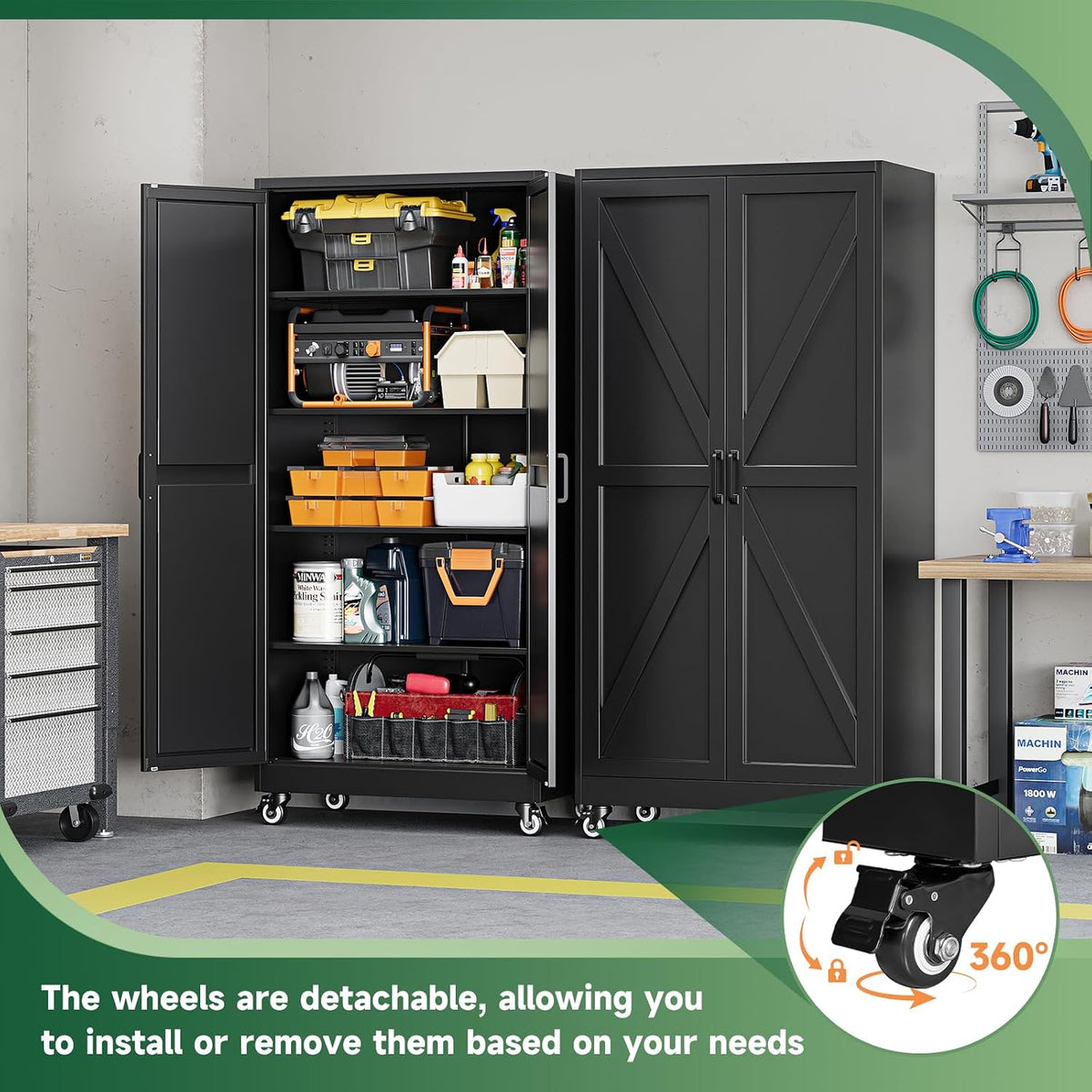 Metal Garage Storage Cabinet with Wheels,75" Black Tool Steel Locker