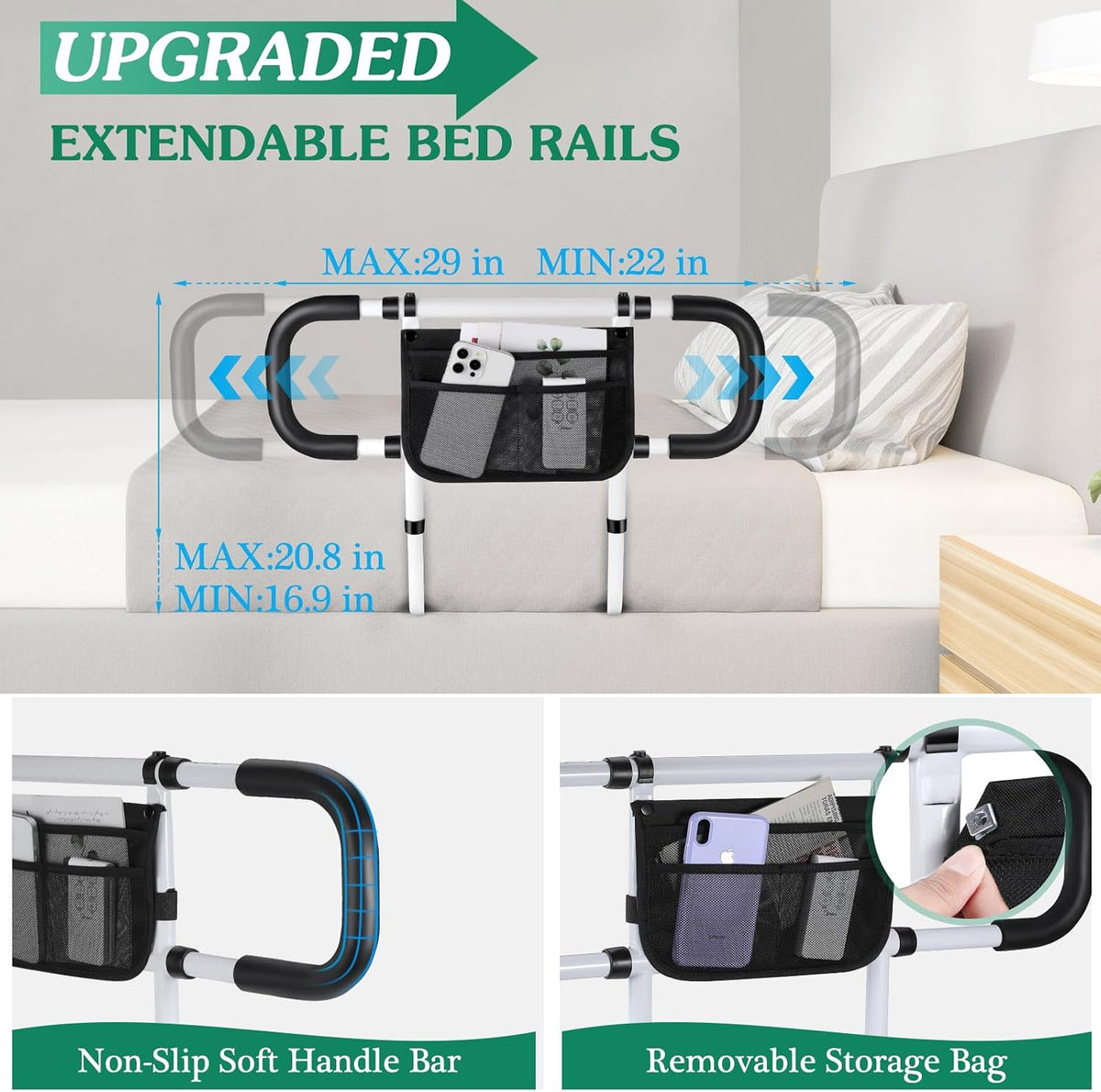 Bed Rails for Elderly Adults Safety - Extended Bed Assist Rail for Seniors - Adjustable Beds Side Rails Handle Support Bar Bed Guard with Storage Bag