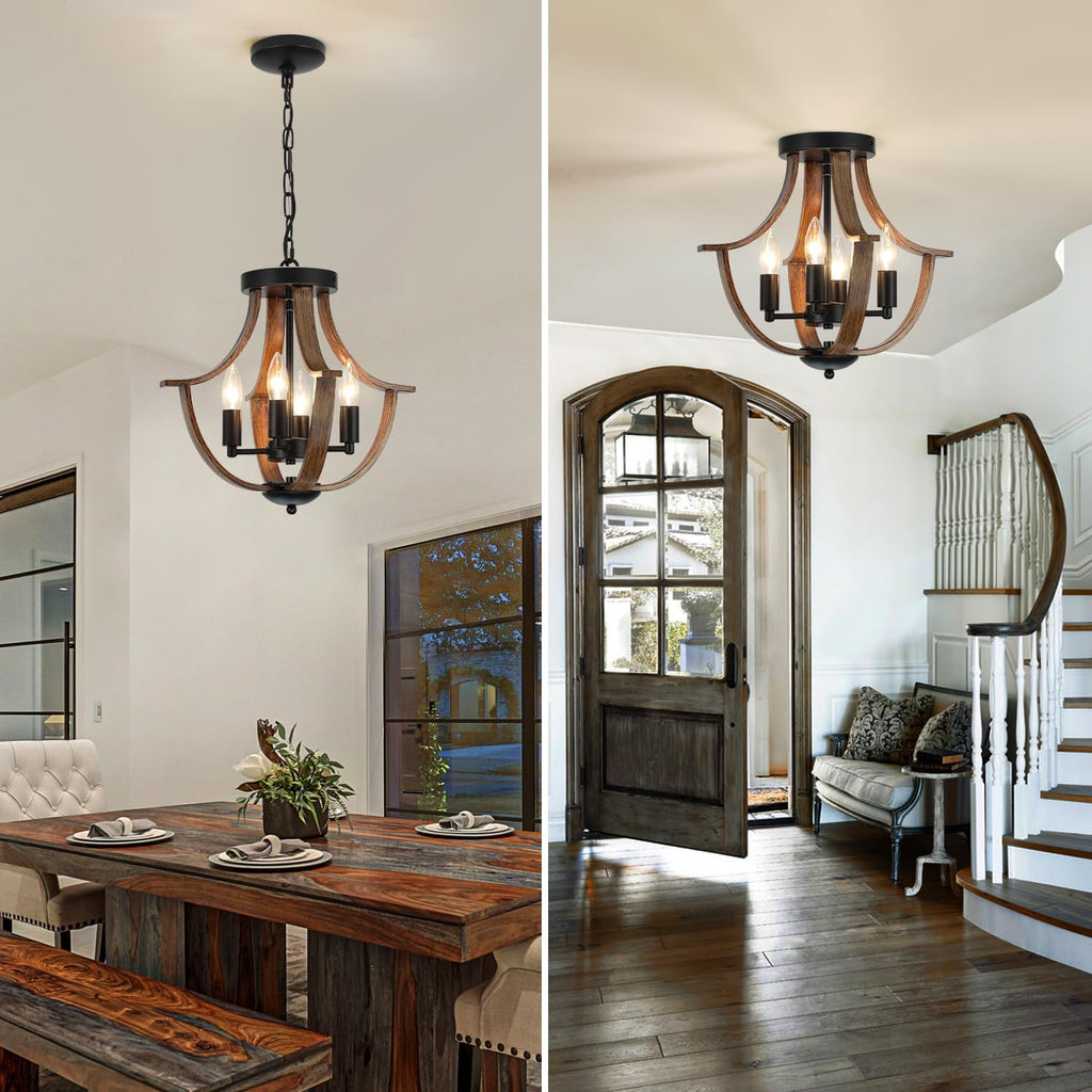 Farmhouse Hanging Pendant Lighting, 4-Light Rustic Flush Mount Ceiling Light Fixture,Modern Faux Wood Vintage Chandelier for Dining Room Kitchen