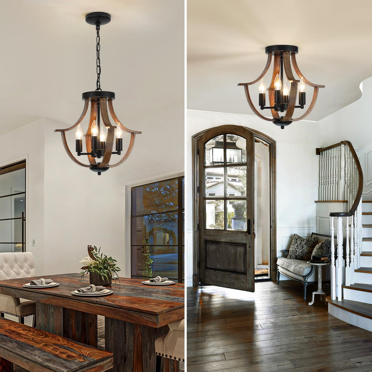 Farmhouse Hanging Pendant Lighting, 4-Light Rustic Flush Mount Ceiling Light Fixture,Modern Faux Wood Vintage Chandelier for Dining Room Kitchen