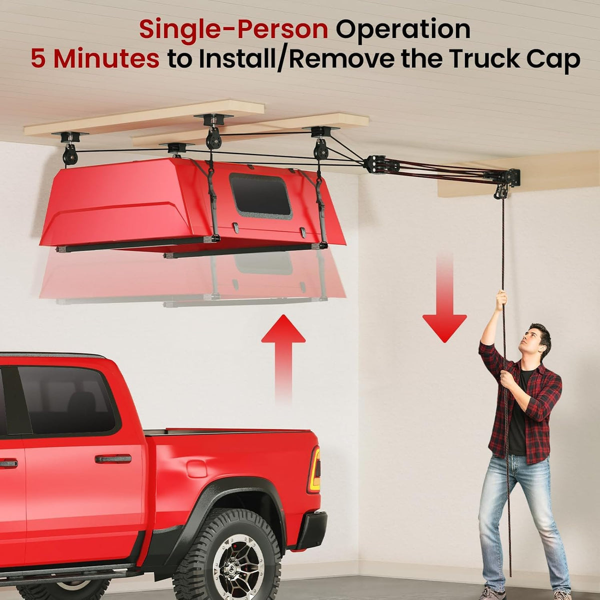 Truck Cap Hoist System for Garage Ceiling, Smart 4-Point Self-Leveling Garage Hoist with 8:1 Pulley Lift System, Easy One-Person Overhead Garage