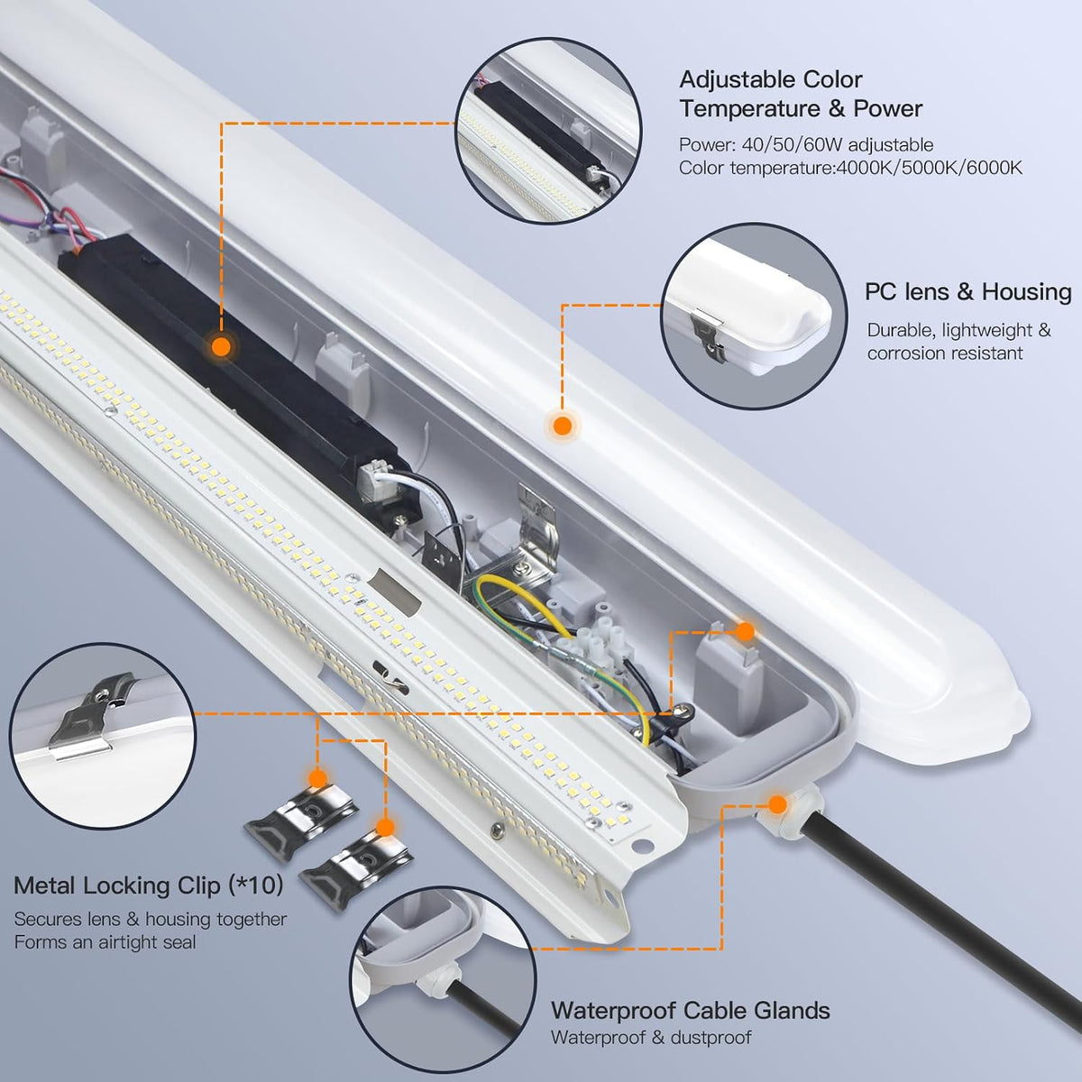 JTT 4FT LED Vapor Tight Light Fixture 60W/50W/40W Options 0-10V - 4Pack