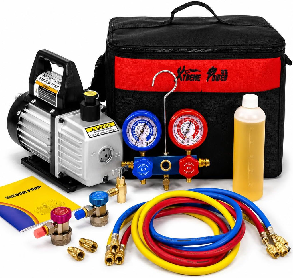 XtremepowerUS 3CFM 1/4HP Vacuum Pump HVAC R134a, R12, R22, R410a, A/C Refrigeration R134 Can Tap Adapter, R134 Quick Connector AC Manifold Gauge Air