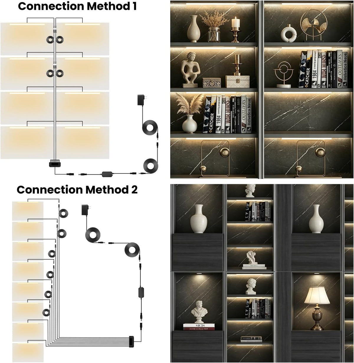 Black Shelf Lights, LED Bookcase Lighting Compatible with Alexa, WiFi Dimmable 2700K Under Shelf Lighting for Bookshelf, Display Case, Cabinets with