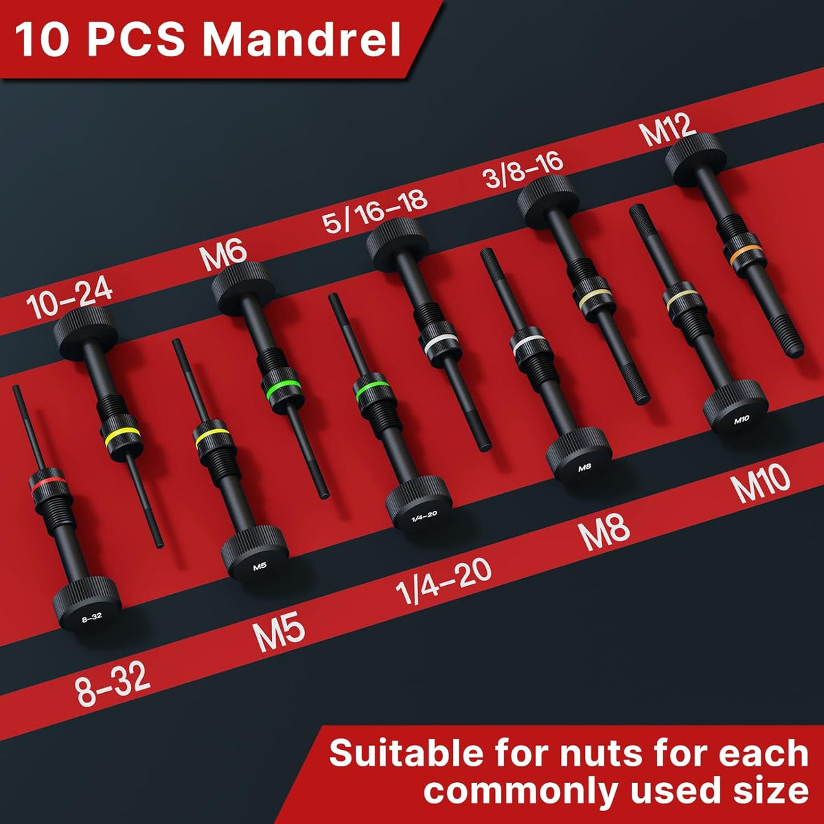 Rivet Nut Tool Kit, Rivnut Tool Kit with 10 Metric and SAE Mandrels