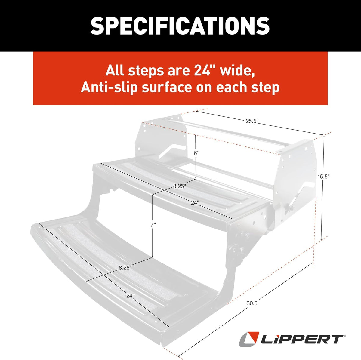 Lippert Radius 24" Double Manual RV Step Assembly, 8" Rise, 300 lbs. Anti-Slip Steps, Compact One-Hand Expand or Collapse, Black Powder Coat, Travel
