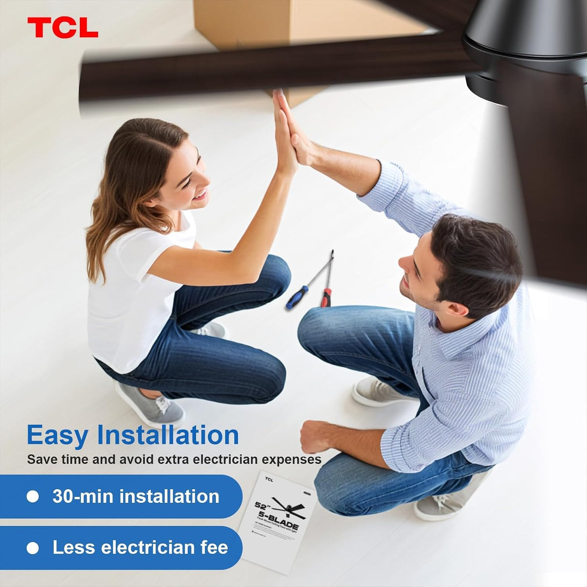 TCL 52" Black Flush Mount Ceiling Fan with Light & Remote