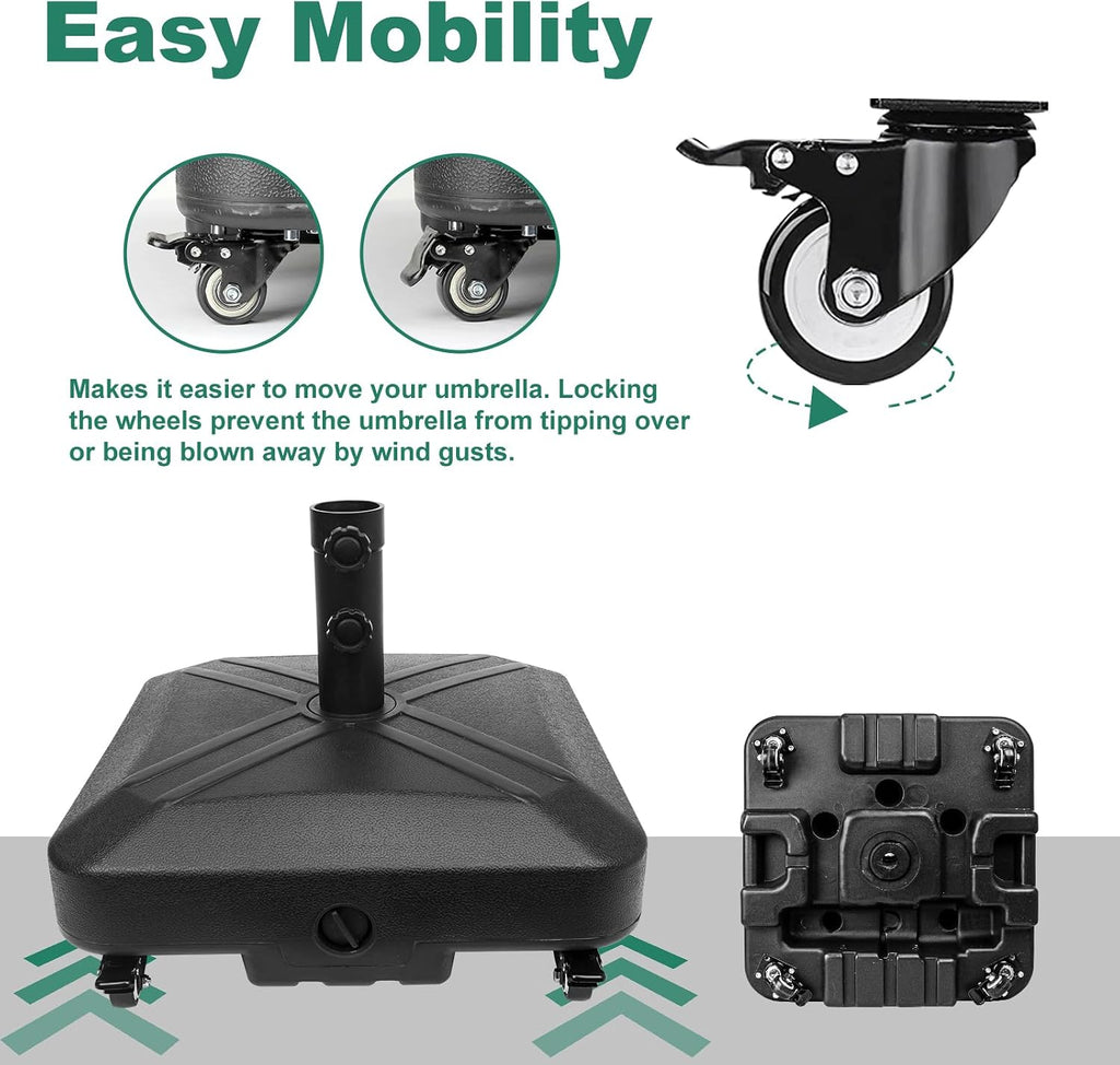 Patio Umbrella Base Heavy Duty with Wheels Square Market Stand for Outdoor 4 Locks 2 Knobs 125lb Capacity, Black
