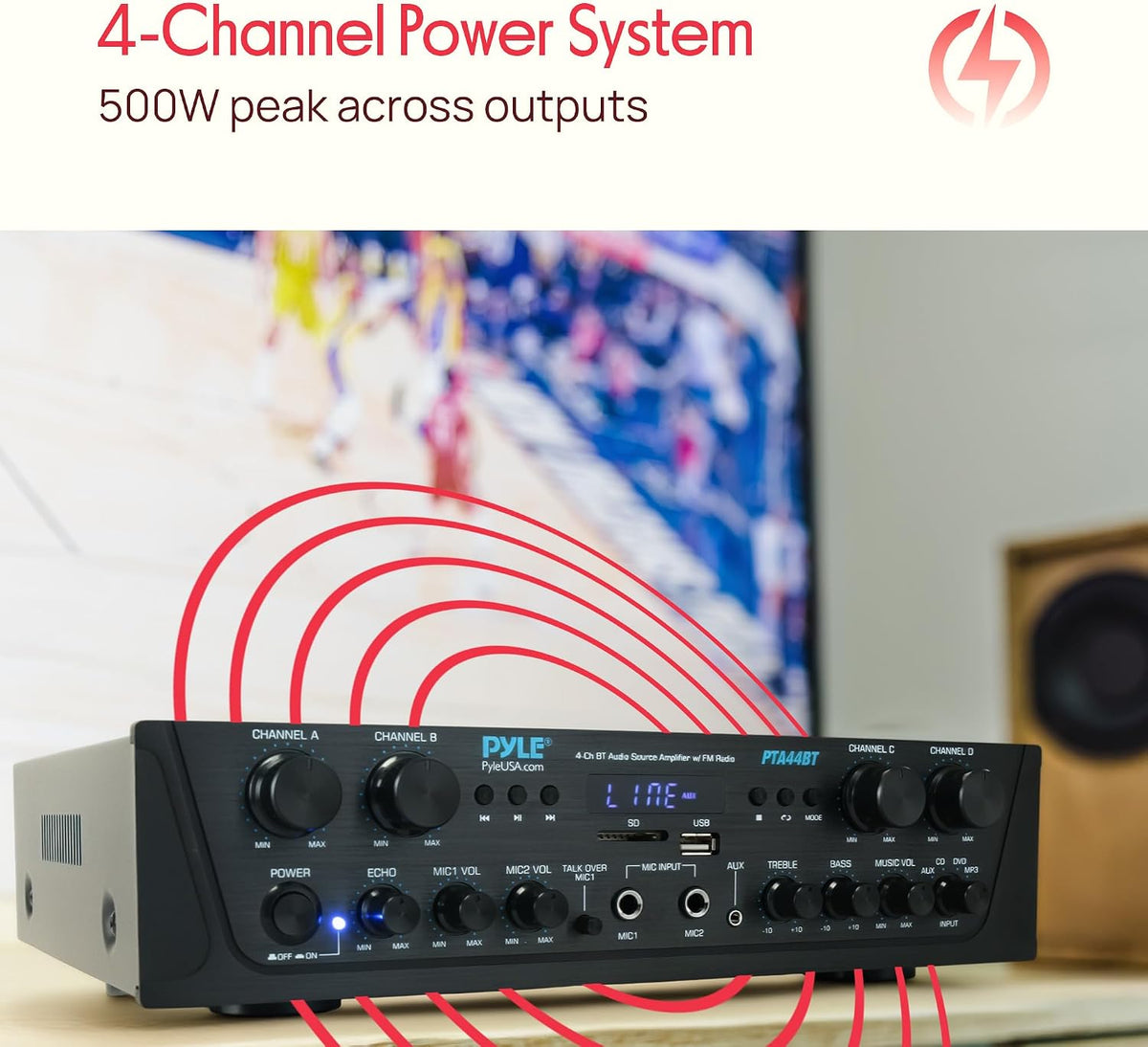 Pyle 4-Channel Audio Amplifier with Bluetooth - Home Stereo Receiver w/ 500W Max Power - Commercial or Karaoke - Dual Mic Input with Echo, Vol, Talk