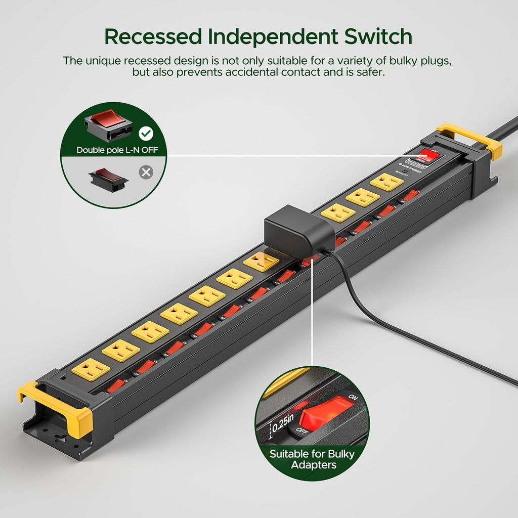 12 Outlet Heavy Duty Long Power Strip with Individual Switches