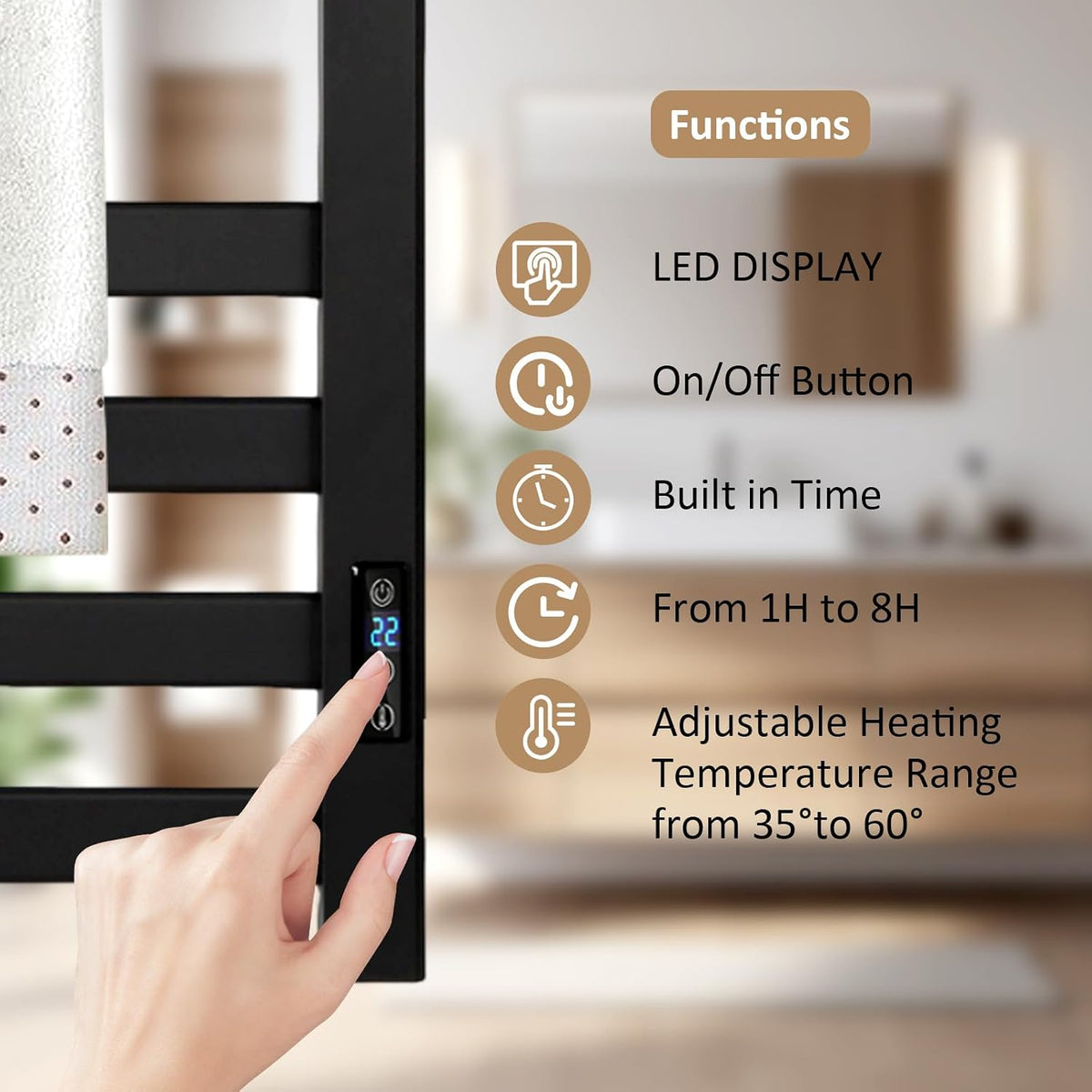 Heated Towel Rack Timer & Multi-Level Temp Adjustment Black