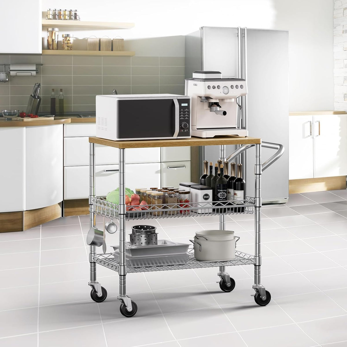 3 Tier Rolling Kitchen Carts on Wheels with Storage,650Lbs Heavy Duty Utility Carts with Wheels,Kitchen Island with Wood Tabletop,Metal Serving