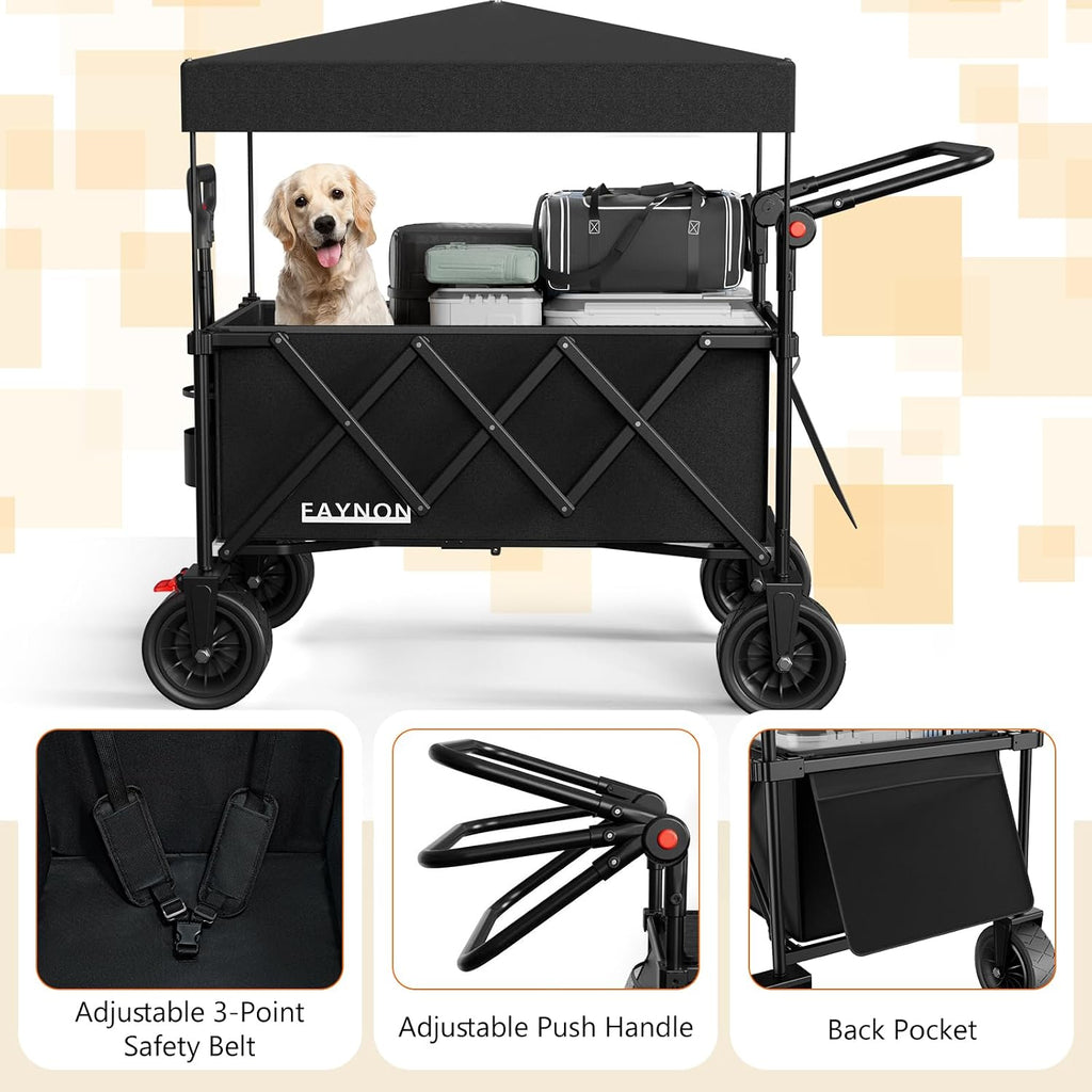 3 in 1 Collapsible Wagon with 300lbs Weight Capacity,150L Heavy Duty Utility Cart with Removable Canopy,with Big All-Terrain Beach Wheels & Drink