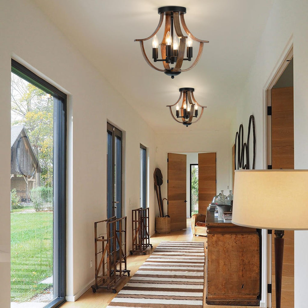 Farmhouse Hanging Pendant Lighting, 4-Light Rustic Flush Mount Ceiling Light Fixture,Modern Faux Wood Vintage Chandelier for Dining Room Kitchen