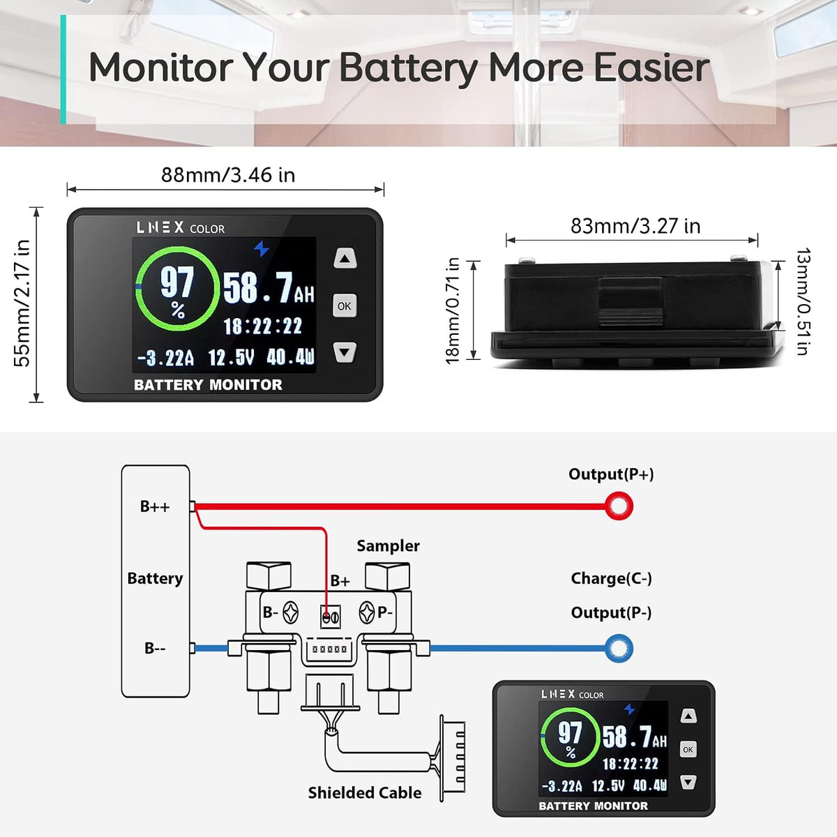 LNEX 500A Shunt Battery Monitor, 2.4" Color Screen RV Monitor with 16ft Shielded Wire, Support High Low Voltage Programmable Alarm for 8-100V Lifepo4