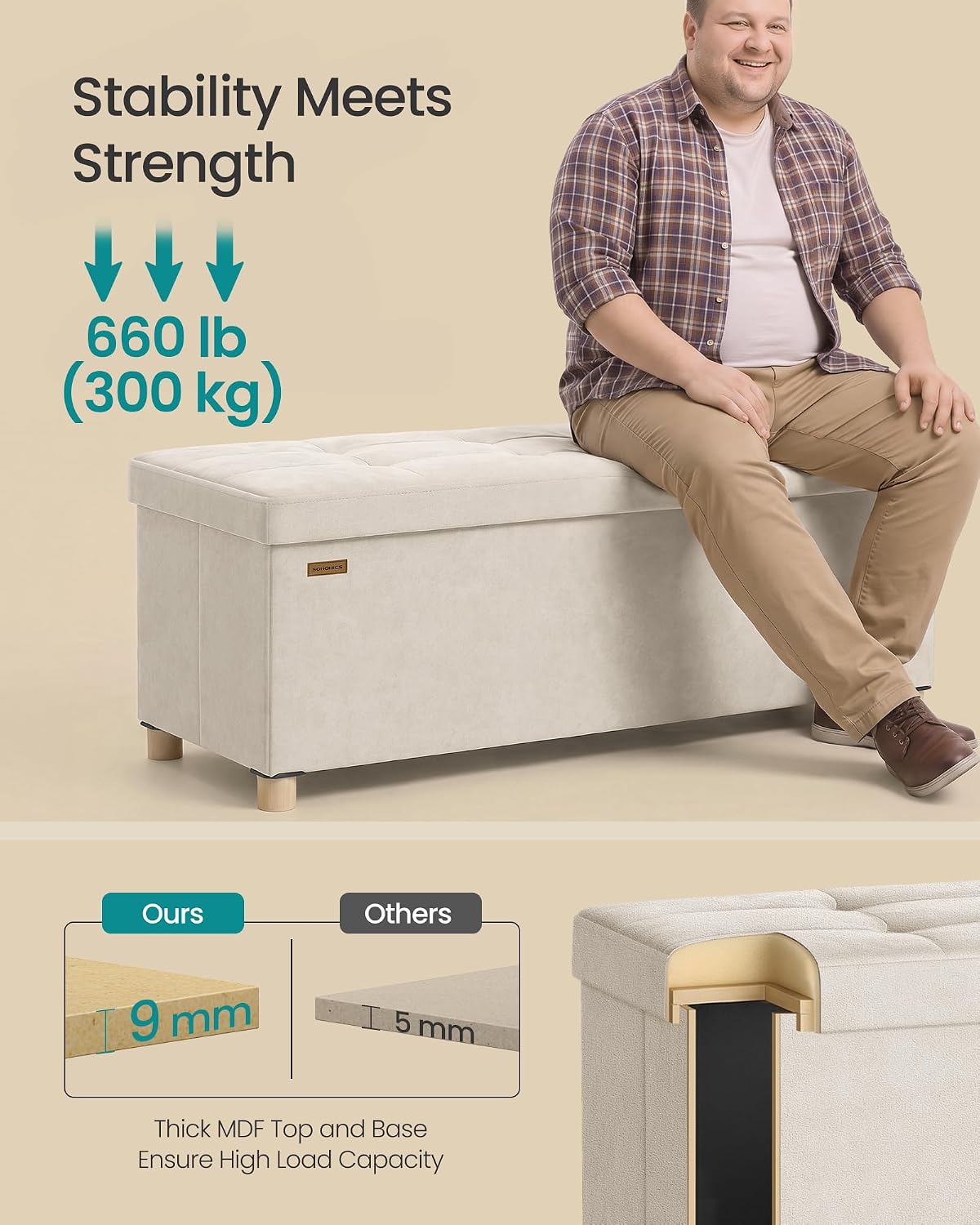 SONGMICS Storage Ottoman Bench with Legs, 43.3 Inches, 30 Gal. (112 L)