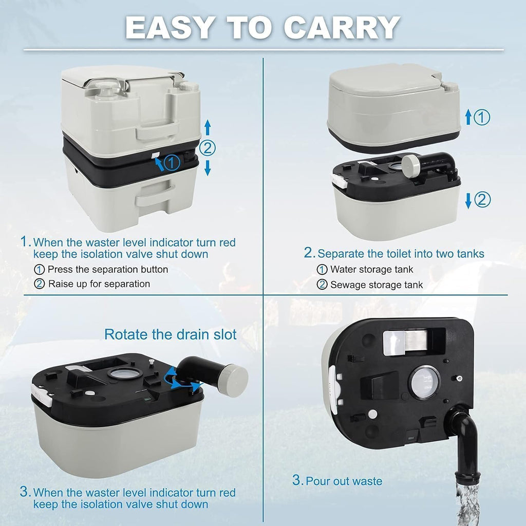 Portable Toilet, 6.4 Gallon 24L Piston Pump Flush with Level indicator Detachable Anti-Leak Handle Water Pump,Rotating Spout Indoor & Outdoor Hiking
