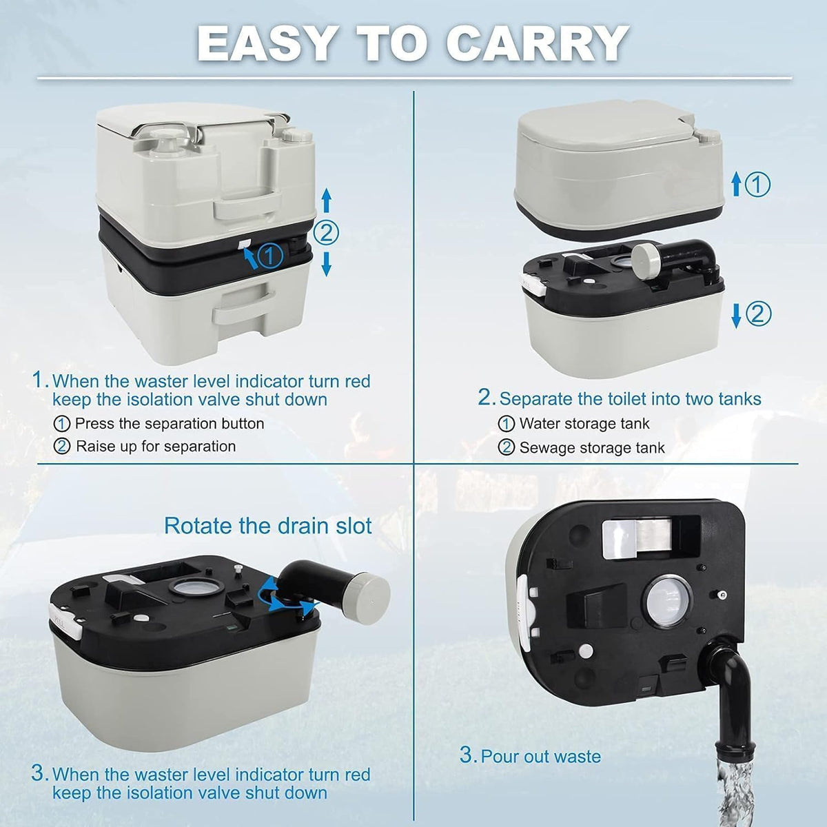 Portable Toilet, 6.4 Gallon 24L Piston Pump Flush with Level indicator Detachable Anti-Leak Handle Water Pump,Rotating Spout Indoor & Outdoor Hiking