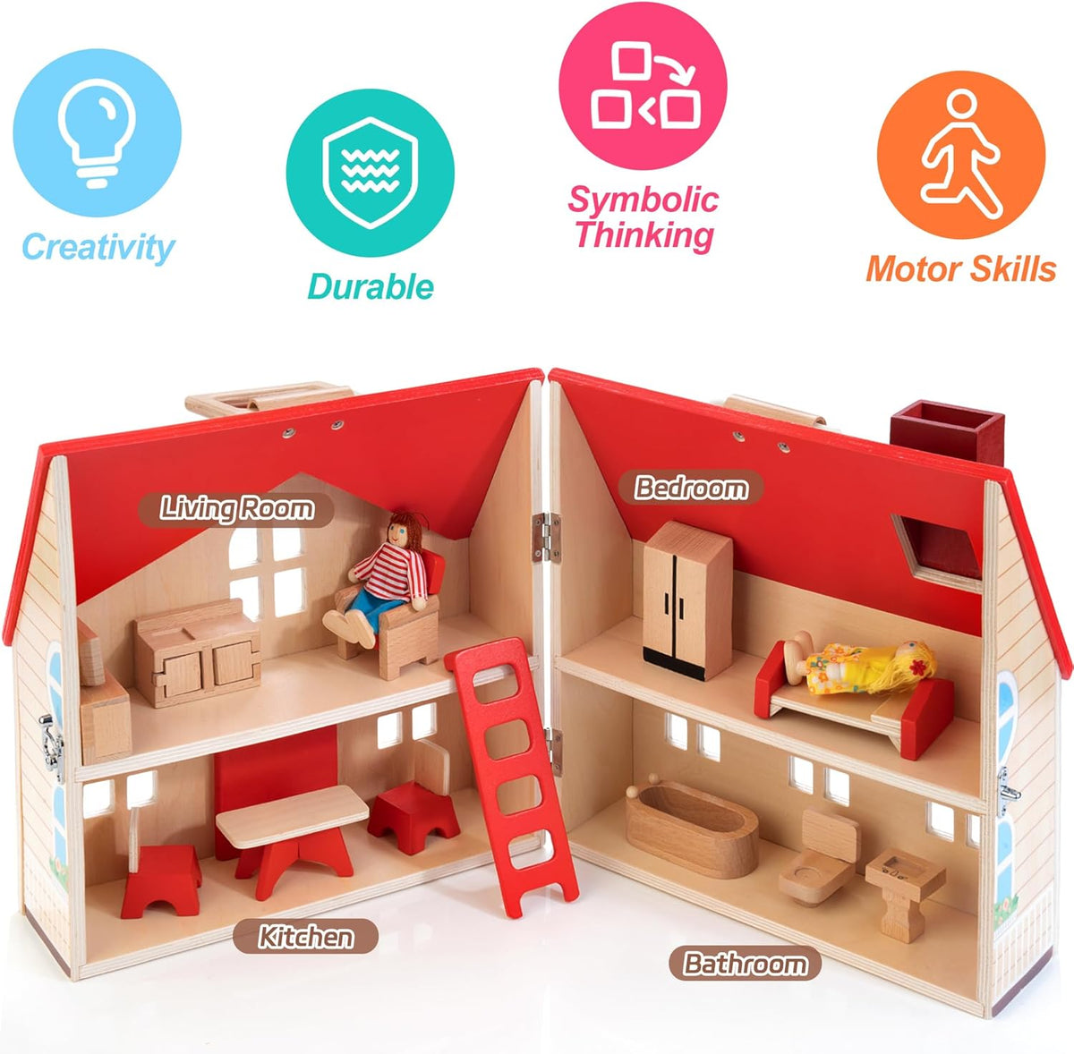 WOODMAM Foldable Wooden Dollhouse with Furniture for Pretend Play