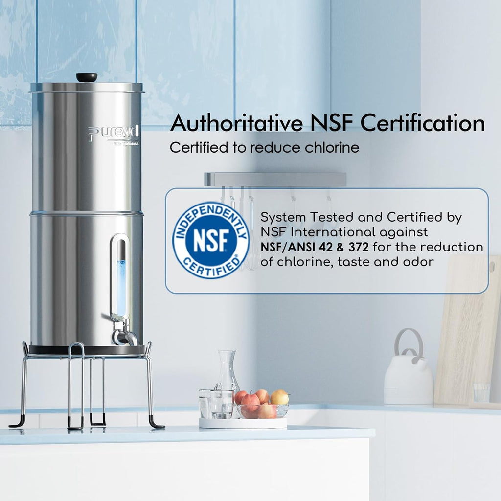 Purewell 2.25G Gravity Water Filter System with Water Level Window, 3-Stage 0.01μm Ultra-Filtration Stainless Steel Countertop System with 2 Filters