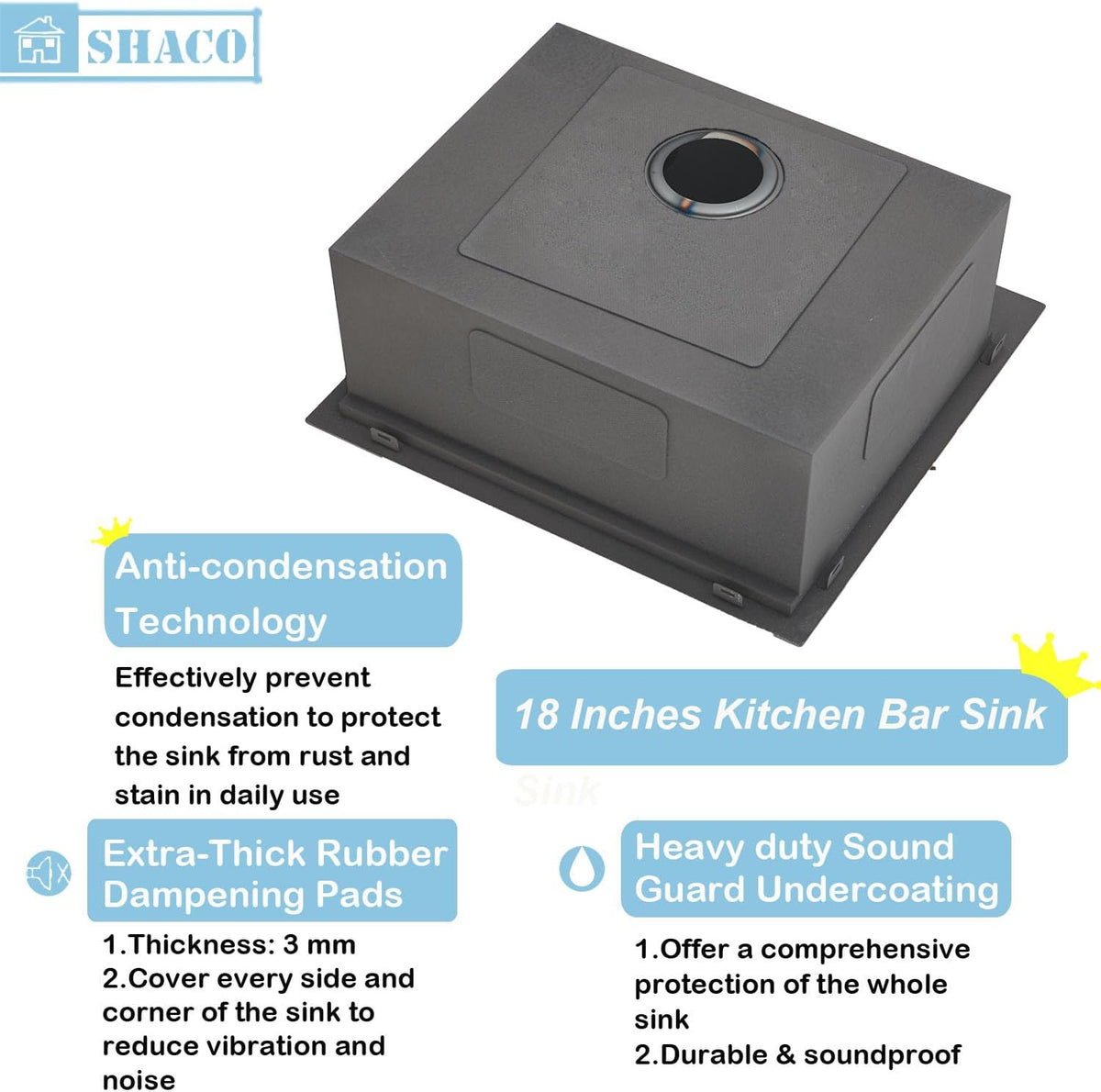 18x18 Inch Drop In Black Bar Sink, 18 Inch Gunmetal Black Small Kitchen Sink, Stainless Steel 16 Gauge Single Bowl Laundry Prep RV Sink with Strainer