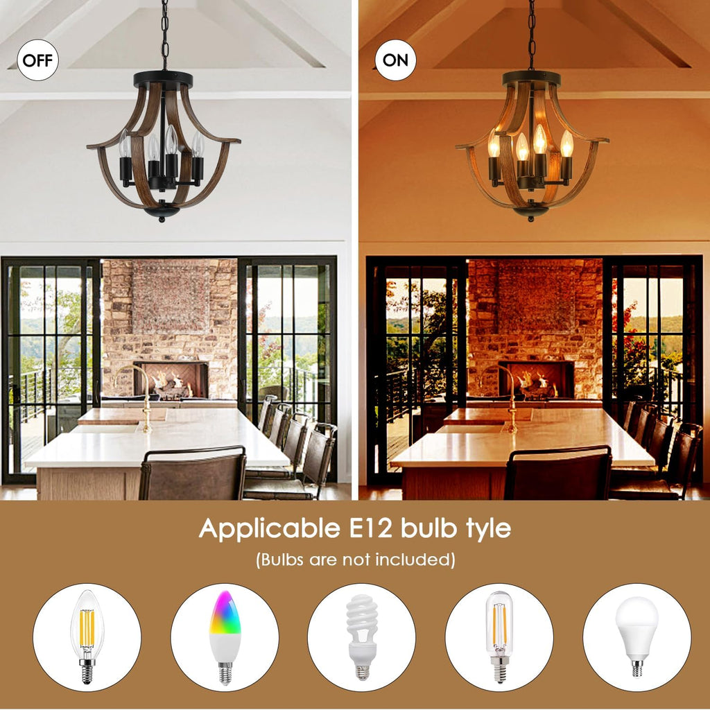 Farmhouse Hanging Pendant Lighting, 4-Light Rustic Flush Mount Ceiling Light Fixture,Modern Faux Wood Vintage Chandelier for Dining Room Kitchen