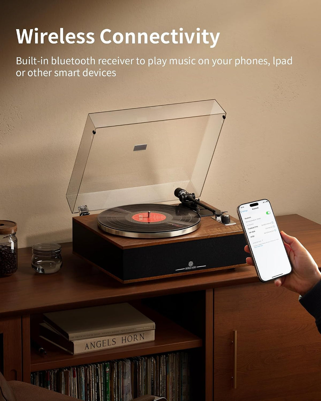 ANGELS HORN Vinyl Record Player, Bluetooth Turntable with Built in Speakers