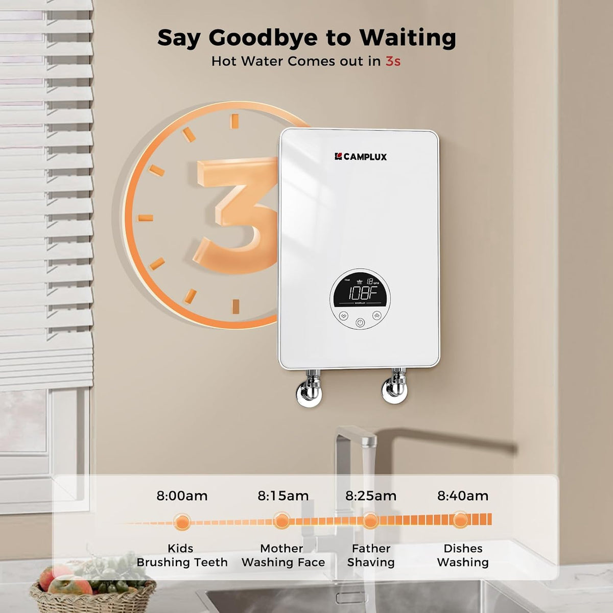 CAMPLUX Tankless Water Heater Electric 120V, 4.5kW Point of Use Instant Hot Water Heater, Save Space for Sink Wall Mounted LED Digital Display CSA