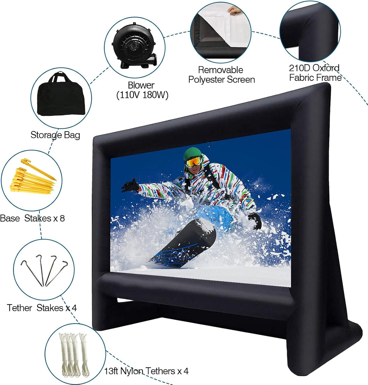 XHYCPY 16ft Inflatable Movie Screen with Air Blower Storage Bag - Front/Rear Projection, Easy Set Up for Backyard Movie Night, Theme Parties