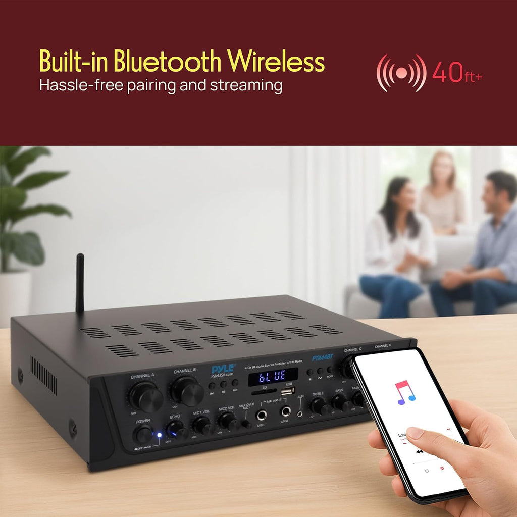 Pyle 4-Channel Audio Amplifier with Bluetooth - Home Stereo Receiver w/ 500W Max Power - Commercial or Karaoke - Dual Mic Input with Echo, Vol, Talk