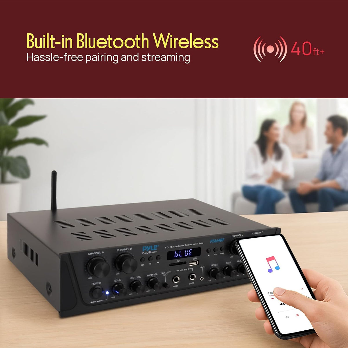 Pyle 4-Channel Audio Amplifier with Bluetooth - Home Stereo Receiver w/ 500W Max Power - Commercial or Karaoke - Dual Mic Input with Echo, Vol, Talk