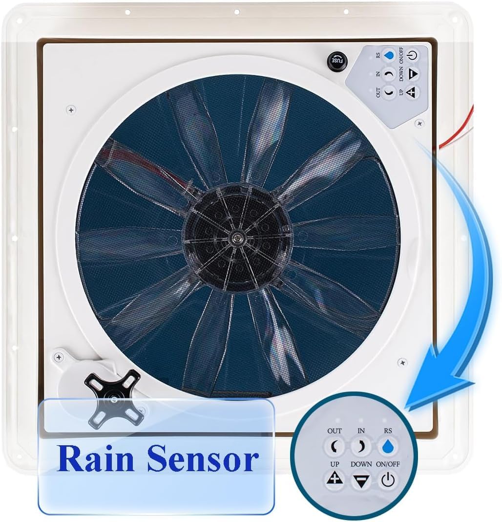 RV Vent Fan 14x14, 10-Speed Roof Vent Fan with Remote Control & Rain Sensor, 12V RV Exhaust Fan