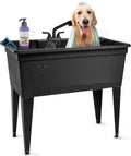 Tehila Freestanding Double-Wide Utility Sink with Steel Legs & Black Pull-Out Faucet, Multi-Purpose Heavy-Duty Laundry Tub and Kitchen Sink for Homes