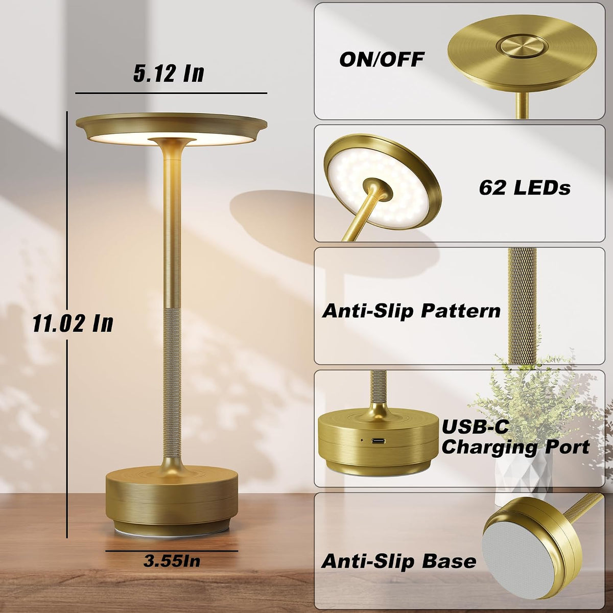 2 Pack Rechargeable Cordless Table Lamp, 5000mAh Battery Table Light