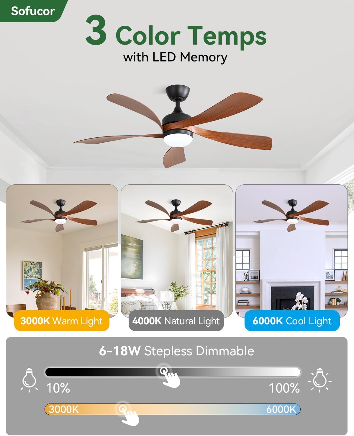 Sofucor 52 Inch Smart Modern Ceiling Fan with Light Indoor/Outdoor Brown | Alexa/Google Assistant/APP/Remote Control, Reversible DC Motor, Timer, 6