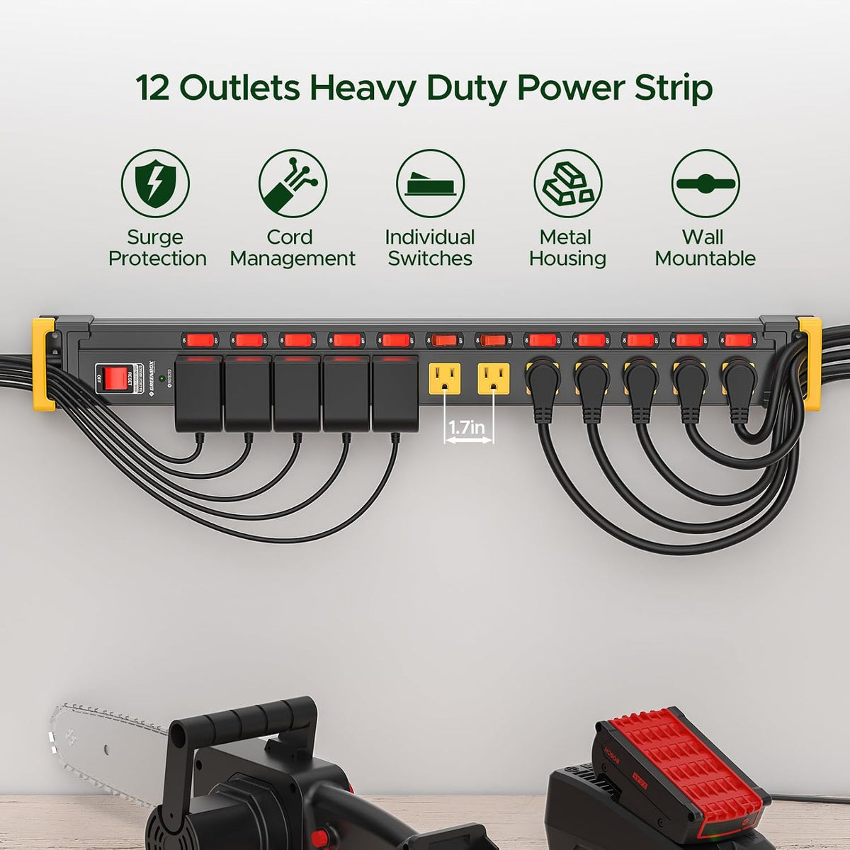 12 Outlet Heavy Duty Long Power Strip with Individual Switches