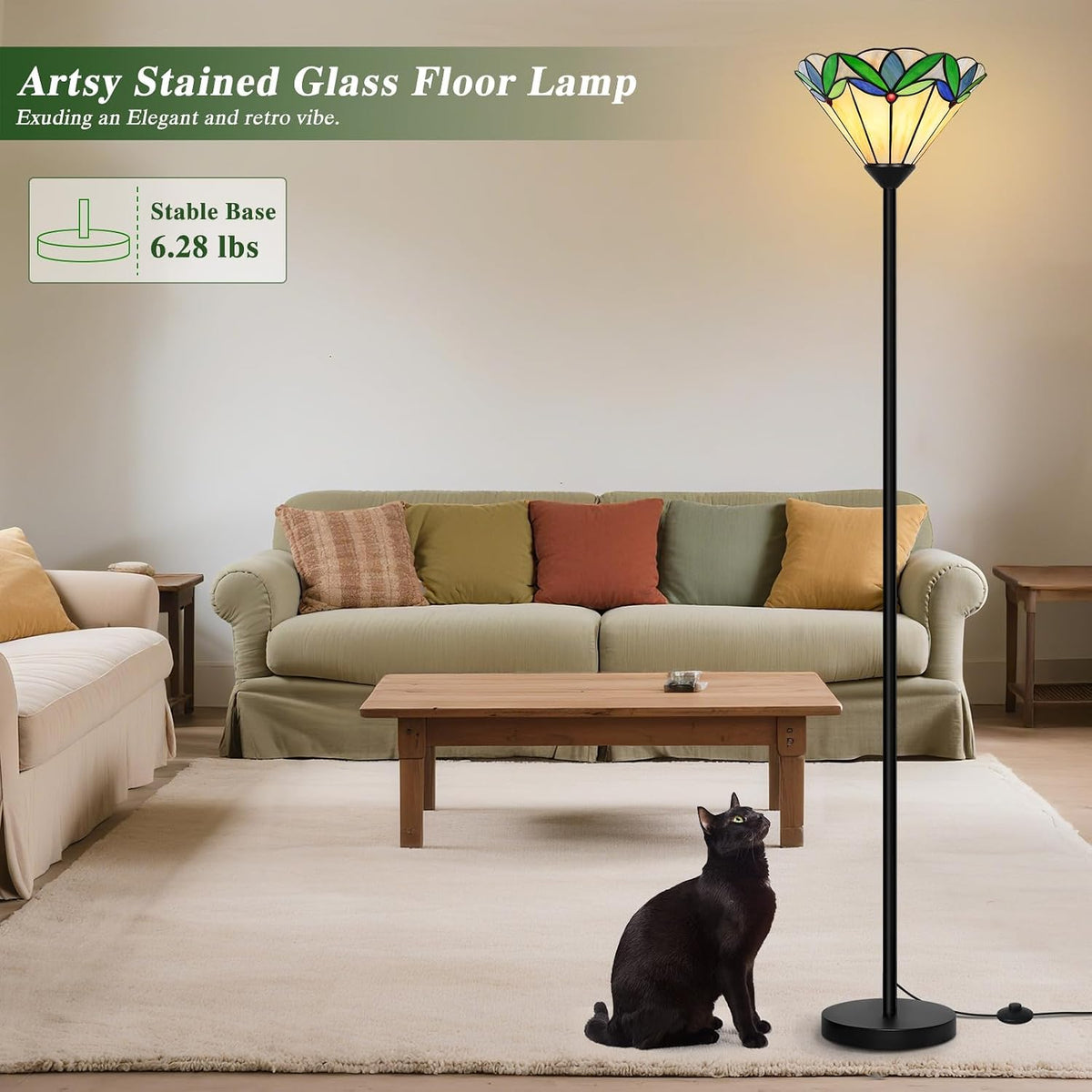 Stained Glass Floor Lamp with Tree Leaf Pattern, Vintage Style Torchiere Floor Lamp, Tall Corner Pole Lamp with Foot Switch, Antique Decorative