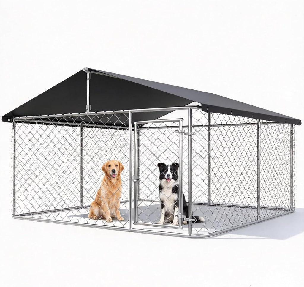 Petony Large Outdoor Dog Enclosure,Heavy Duty Dog Kennel with Roof,Galvanized Steel Dog Cage Fence with Double Safety Locks(79" L x 79" W x 65" H)