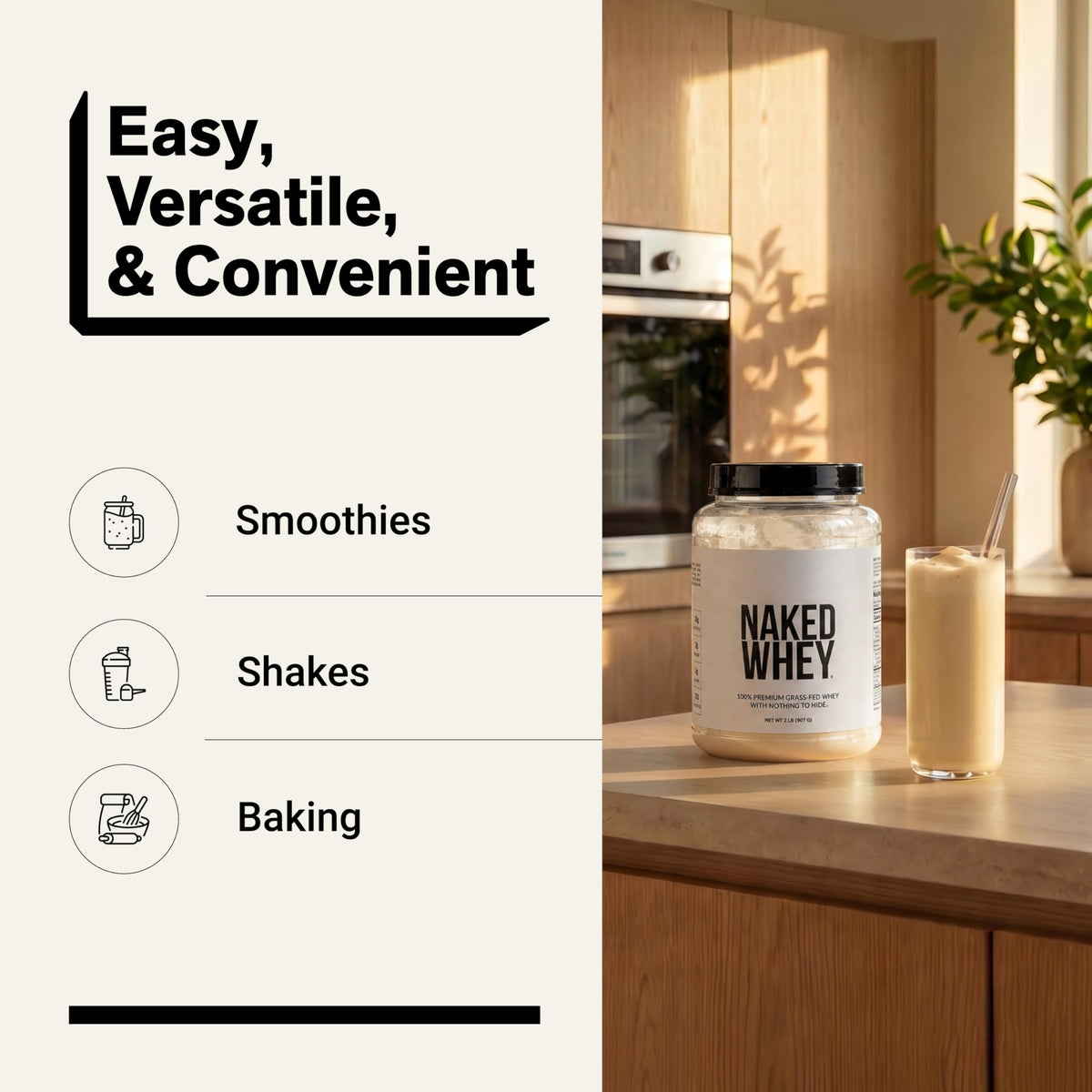 NAKED Whey 2LB 100% Grass Fed Whey Protein Powder - Only 1 Ingredient, Unflavored Whey Protein, NSF Certified, Undenatured, Gluten Free, Soy Free, No
