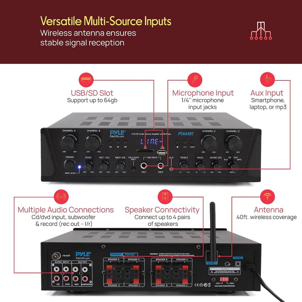 Pyle 4-Channel Audio Amplifier with Bluetooth - Home Stereo Receiver w/ 500W Max Power - Commercial or Karaoke - Dual Mic Input with Echo, Vol, Talk