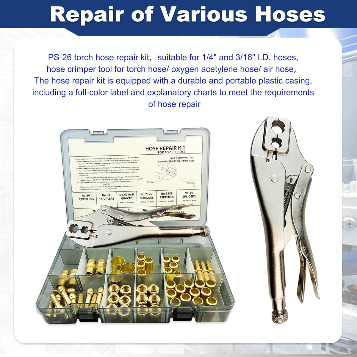 58PCS Hose Repair Kit, 1/4 I.D.Torch Hose Repair Kit, Air Hose Crimper Tool