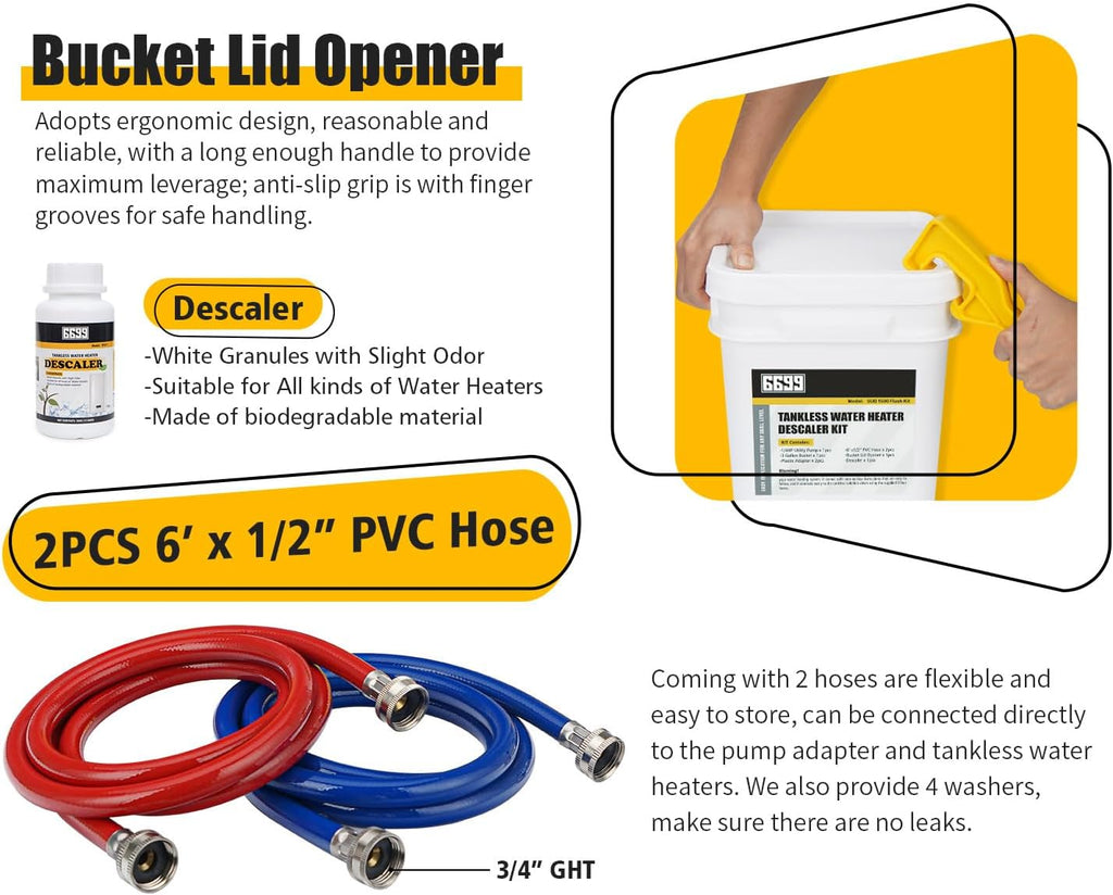 Tankless Water Heater Cleaning Kit, 1/4HP Pump, 2 Hoses, Pail, Cleaner