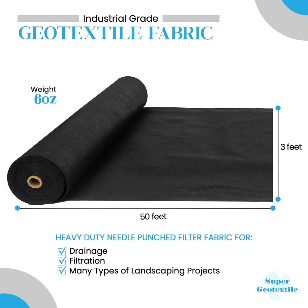 Super Geotextile Non Woven Geotextile Fabric 6 Oz 3x50Ft, Filter Fabric