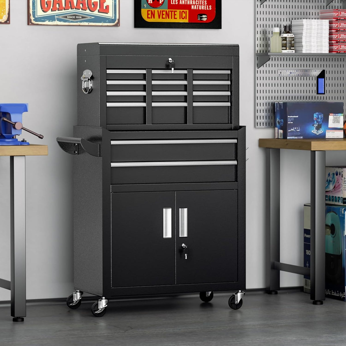8-Drawer Rolling Tool Chest with Lock, Detachable Tool Cabinet Cart with Wheels, High-Capacity Mechanic Tool Storage for Garage Workshop Warehouse