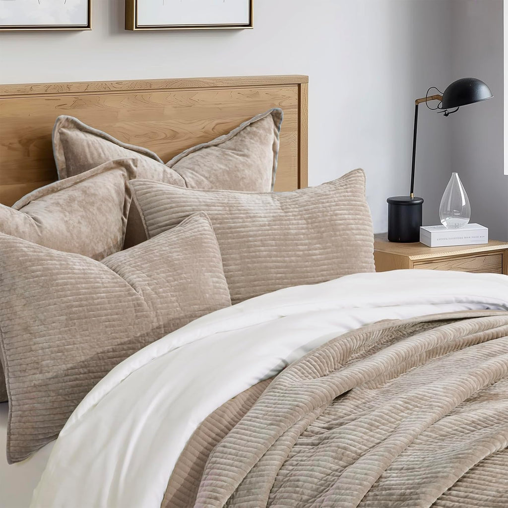 Striped Channel Velvet Quilt Set, King Size, Urban Taupe
